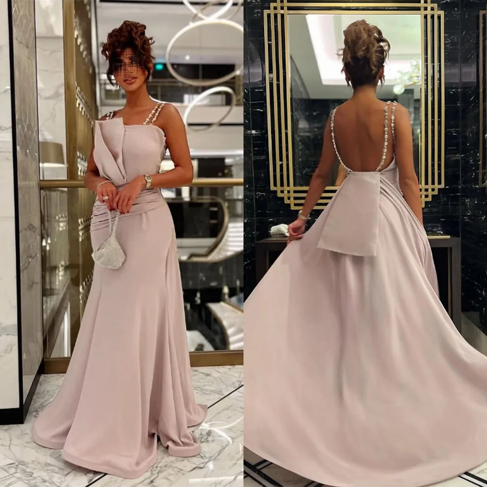 

High Quality Customized Floor Length Strapless Beaded Backless Pleat Sleeveless Pink Robe Pour Mariage Invité Dress for Women