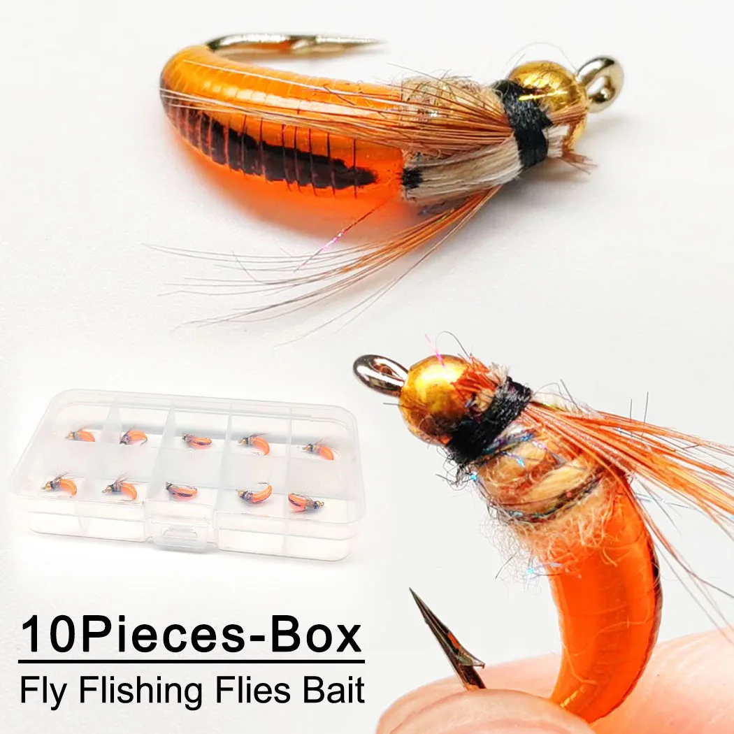 10 Stück-mit Fliegenbox Fliegenfischen Fliegen Künstlicher BeadHead Nymphe Orange Trockenfliegen Köder zum Angeln Forellen Nymphenköder