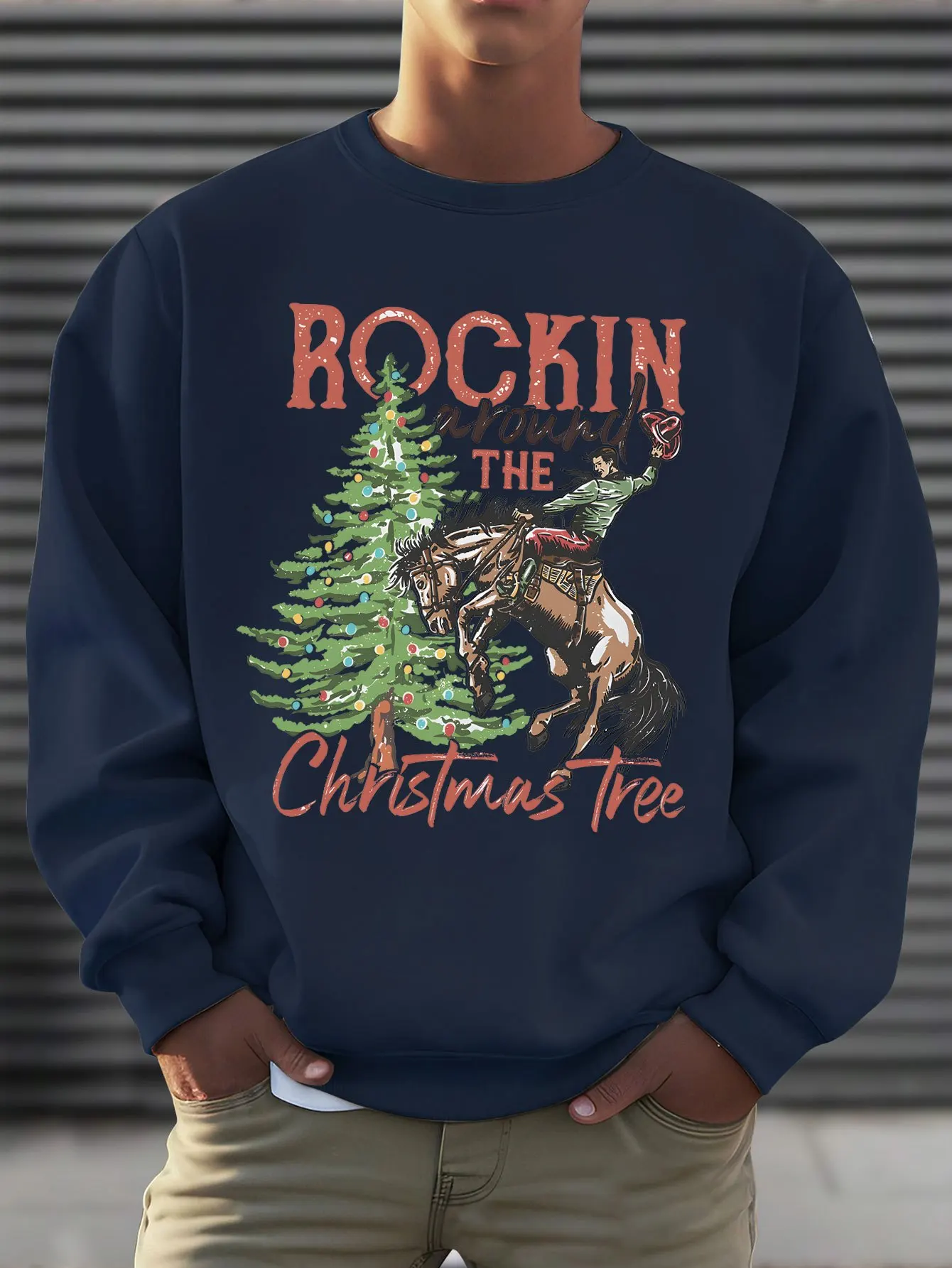 

Мужская винтажная рождественская толстовка в стиле вестерн — пуловер с рисунком красного рокини и дерева с надписью «rockin' Around The Christmas Tree»