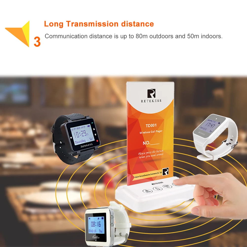 レストラン用retekessポケットベルシステムカフェバーワイヤレス通話システムテーブルカードポケットベル2時計受信機5送信機ボタン