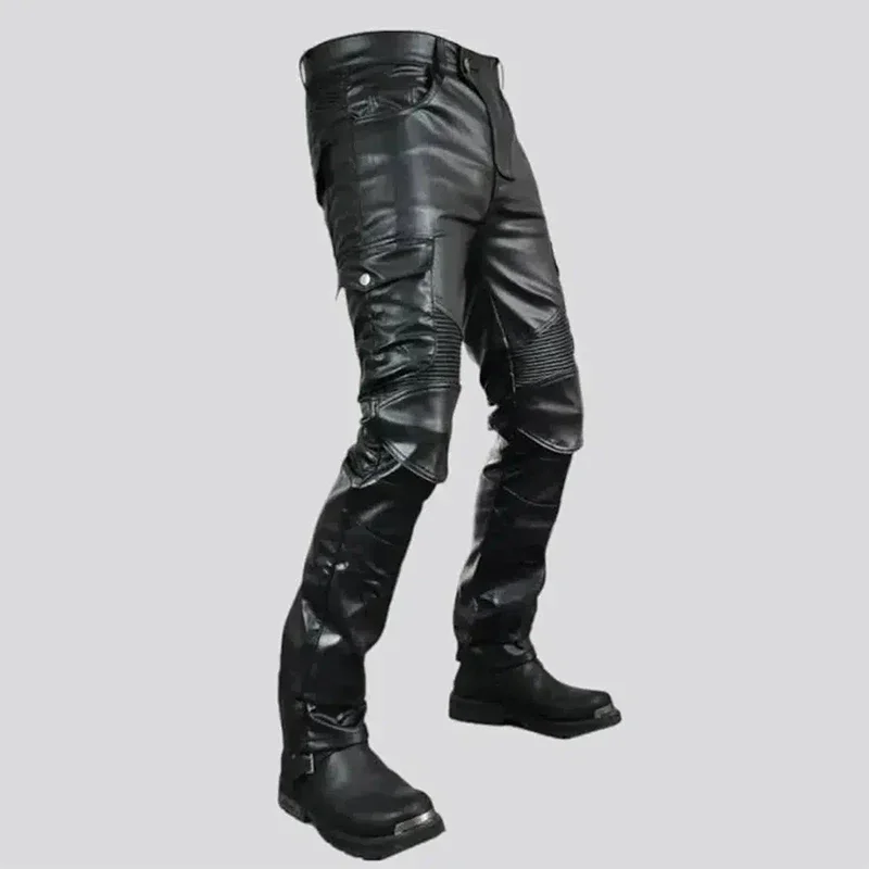 Pantalones rectos ajustados de piel sintética para hombre, pantalón negro mate, informal, Vintage, de PU, para motocicleta, con bolsillo, nuevo, personalizado