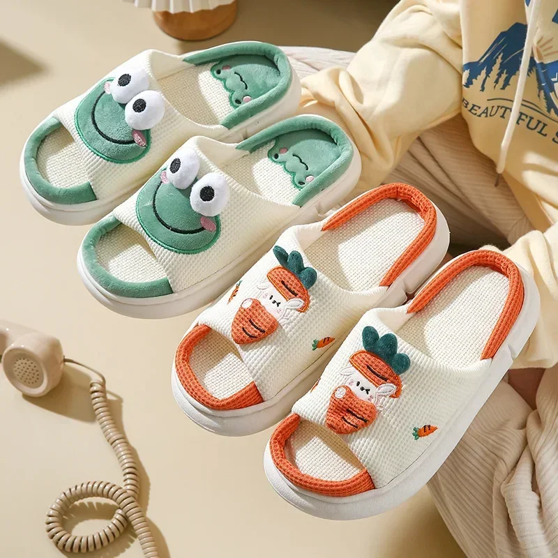 Girls Four Seasons Cute Frog Linen Slippers Couple Girl Heart Home Non-slip Thick Bottom Spring and Autumn Cotton and Linen