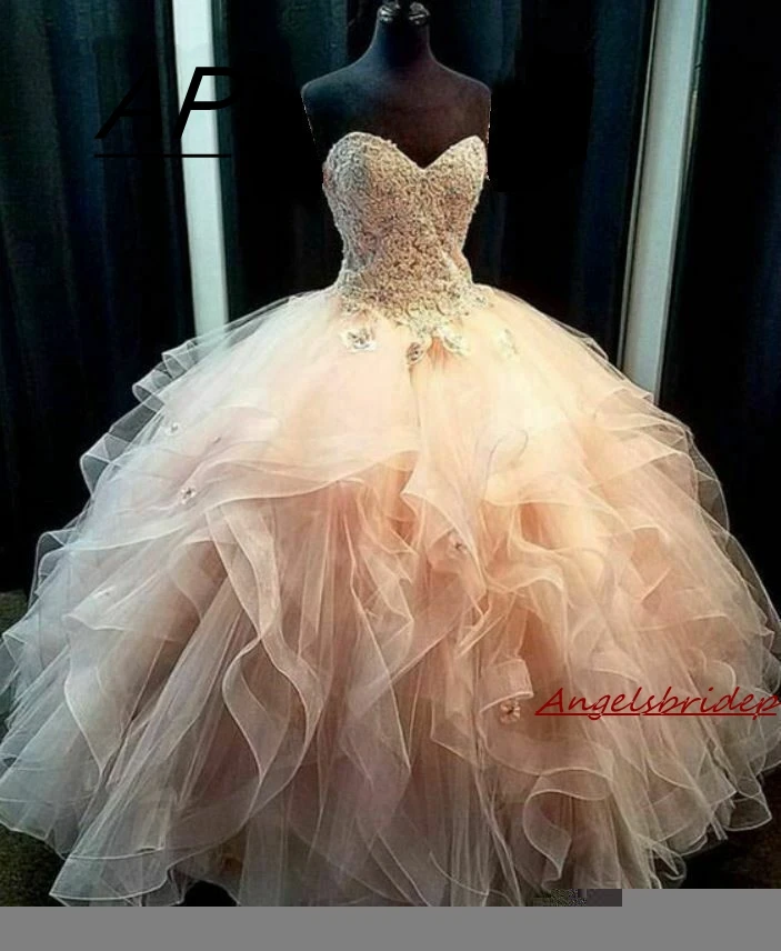 Angelsbridep Sweetheart Quinceanera Dresses Tulle Ball Gown Vestidos De 15 Anos Charming Appliques Ruffle Beads Sweet 16 Dresses