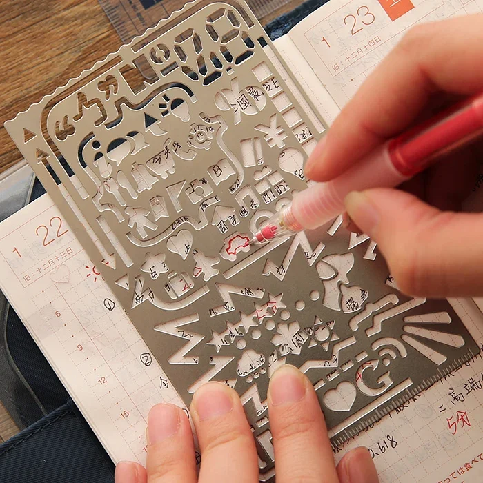 Fromthenon Planner Graffiti Template Ruler Portable Stainless Steel Multi Functional Drafting Tool Journal Scrapbook Accessories