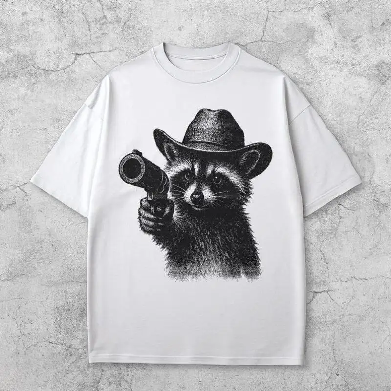 

Funny Cowboy Racoon T-shirt for Men Women Western Graphic Tee Cute Animal With Gun Print Vintage Streetwear Top Unique Gift