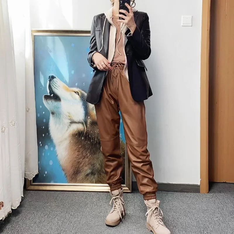 2022 Spring Ladies Wholesale Custom Matt Elastic Leisure Handmade Genuine Real Sheepskin Leather Cargo Pants