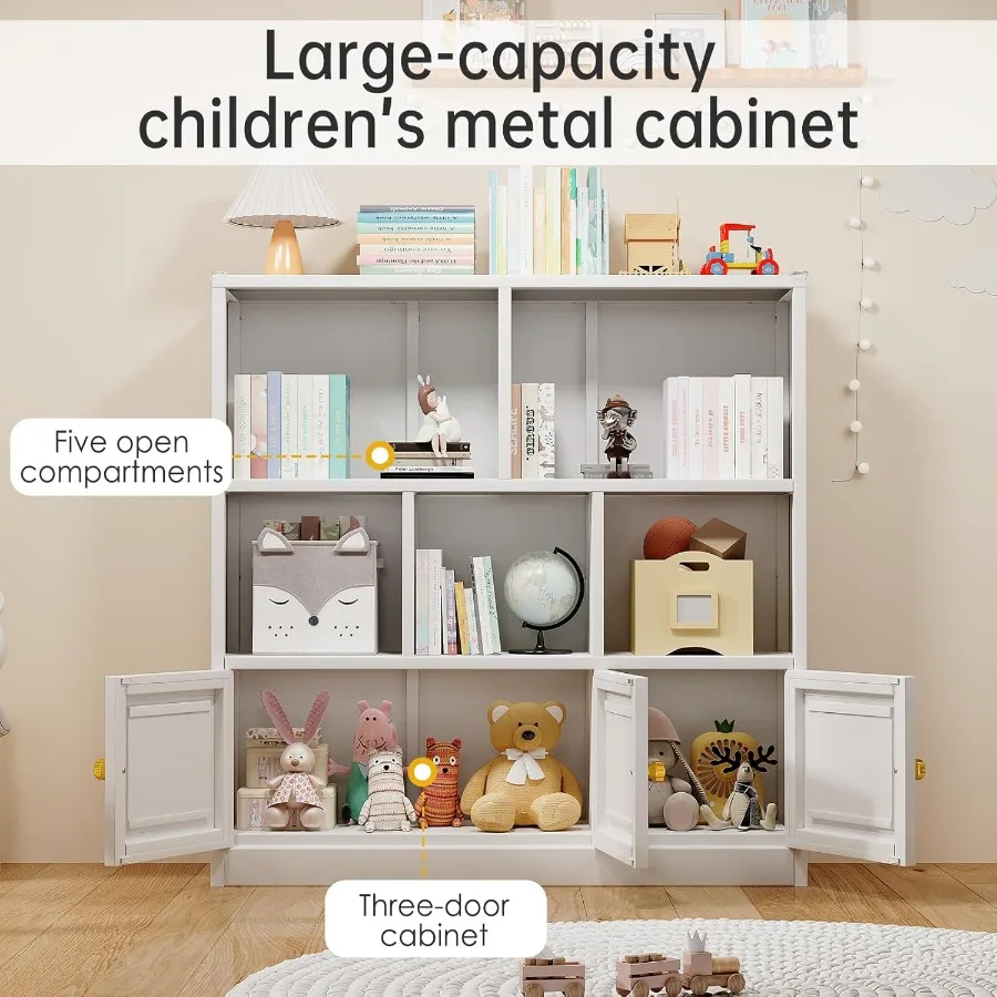 Multifunctionele vloerkist Boekenplank en speelgoedopbergorganisator met 3 kasten en 5 open vakken voor speelkamer en kinderkamer