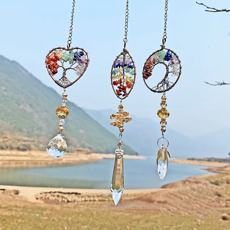 Tree Of Life Sun Catcher Crystal Wind Chimes Hanging Decorations Stained Glass Garden Outdoor Decor Home Children's Room Pendant