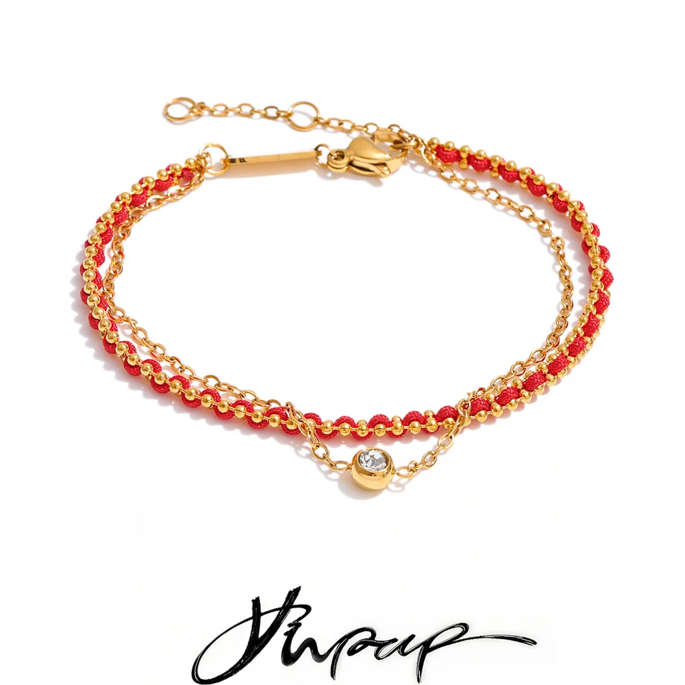 Yhpup Red Black Rope Weave Layered Chain Zirconia Stacking Bracelet Bangle for Women Stainless Steel Trending Wrist Jewelry Gift