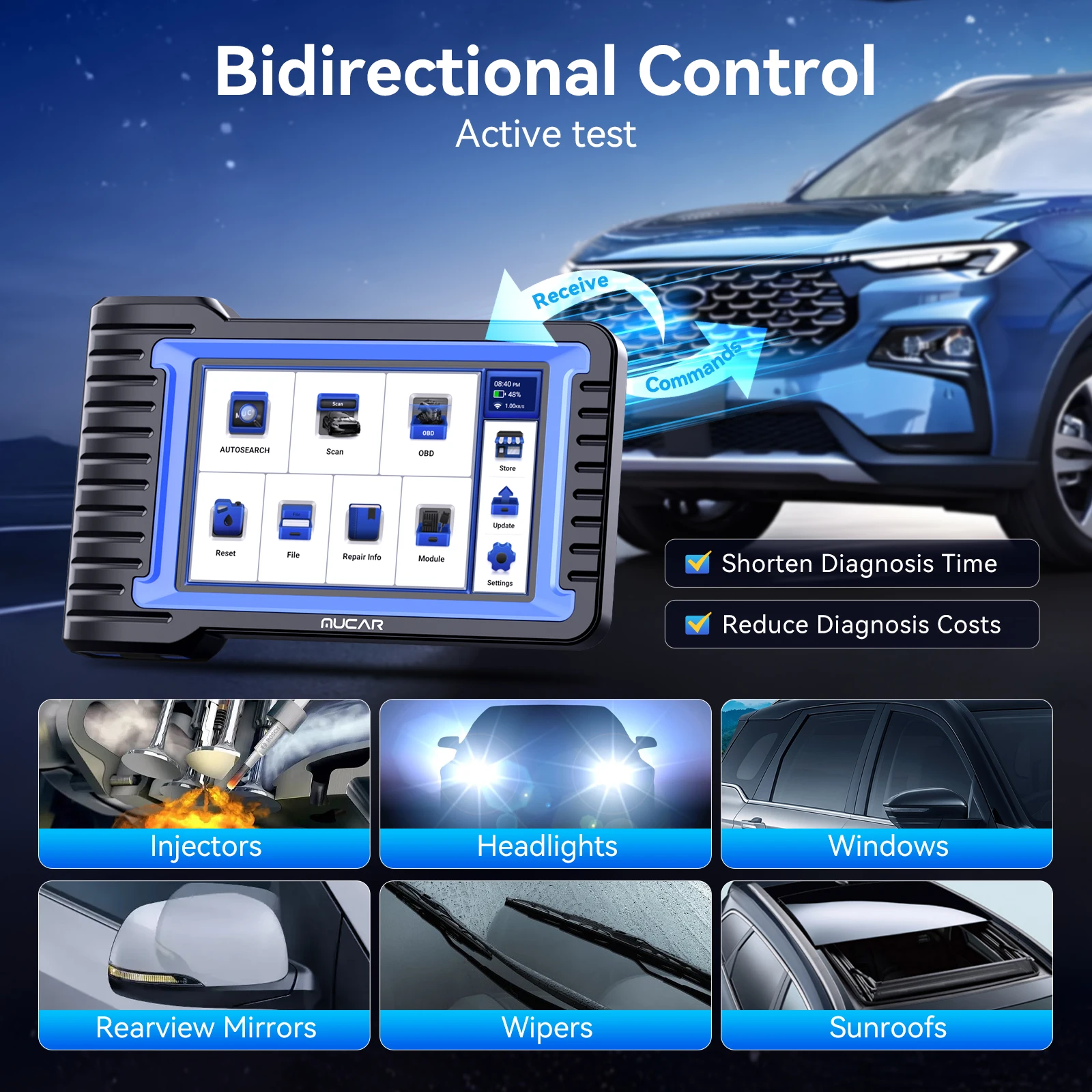 MUCAR VO7S Automotive Diagnostic Tool Bi Directional Scan Tool OBD2 Scanner ECU Coding 28 Resets Full System Life Free CANFD FCA