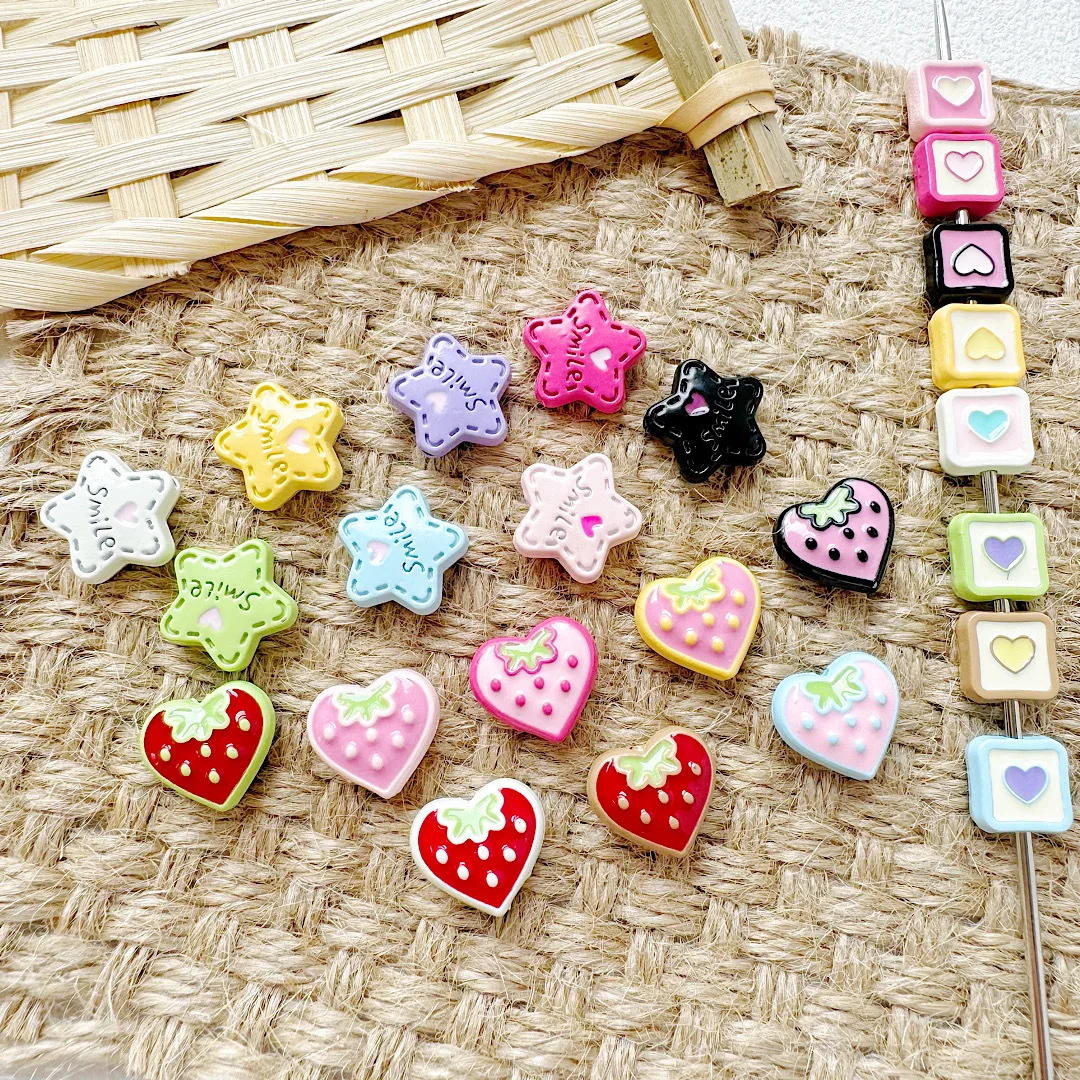 10pcs Macaroon Colour Cream Strawberry Star Love Beads Baked Paint Alloy Loose Spacer Beads For Jewelry Making DIY Accessories