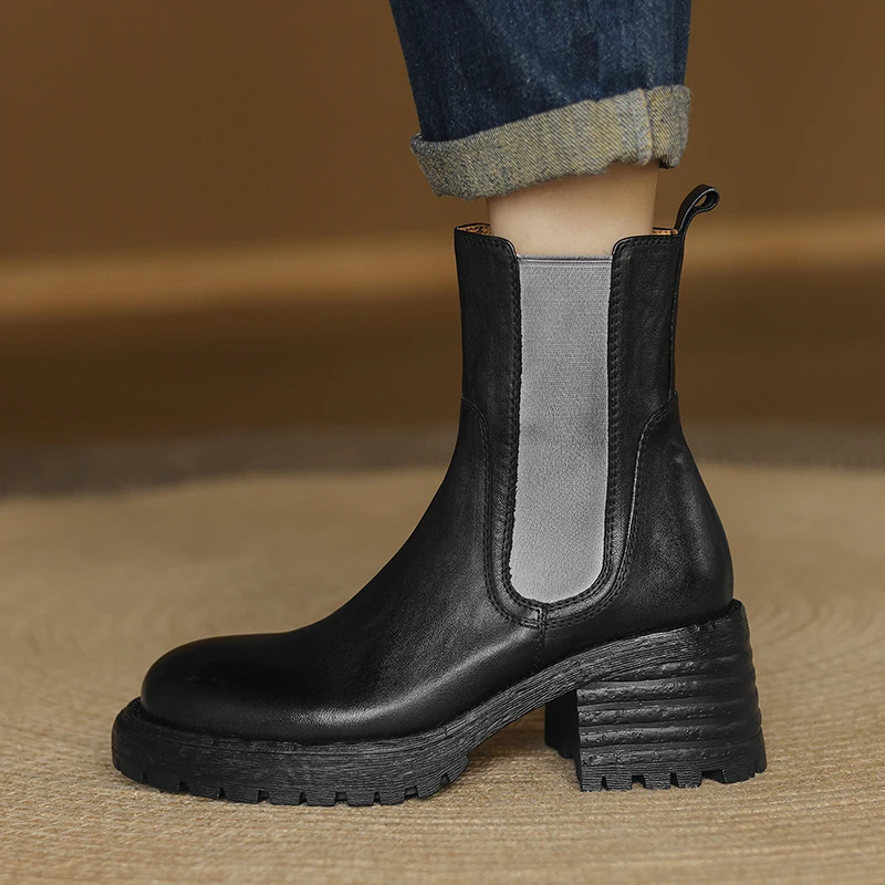 

Platform Ankle Boots Spring Autumn Botas Short Boots Round Toe Ladies Shoes Woman Thick Heeled Elastic Band Chelsea Boots