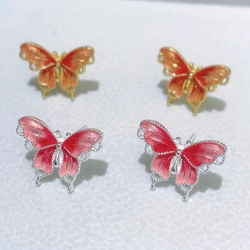 New Fashion 925 Sterling Silver Enamel Butterfly Stud Earrings Women Personality Beautiful Golden Silver Butterflies Earring