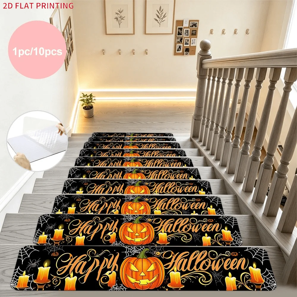 2D FLAT Printing Set of Stair Mats, Happy Halloween Pumpkin Candle Spider Web Pattern, Easy to Clean Stair Tread Carpets