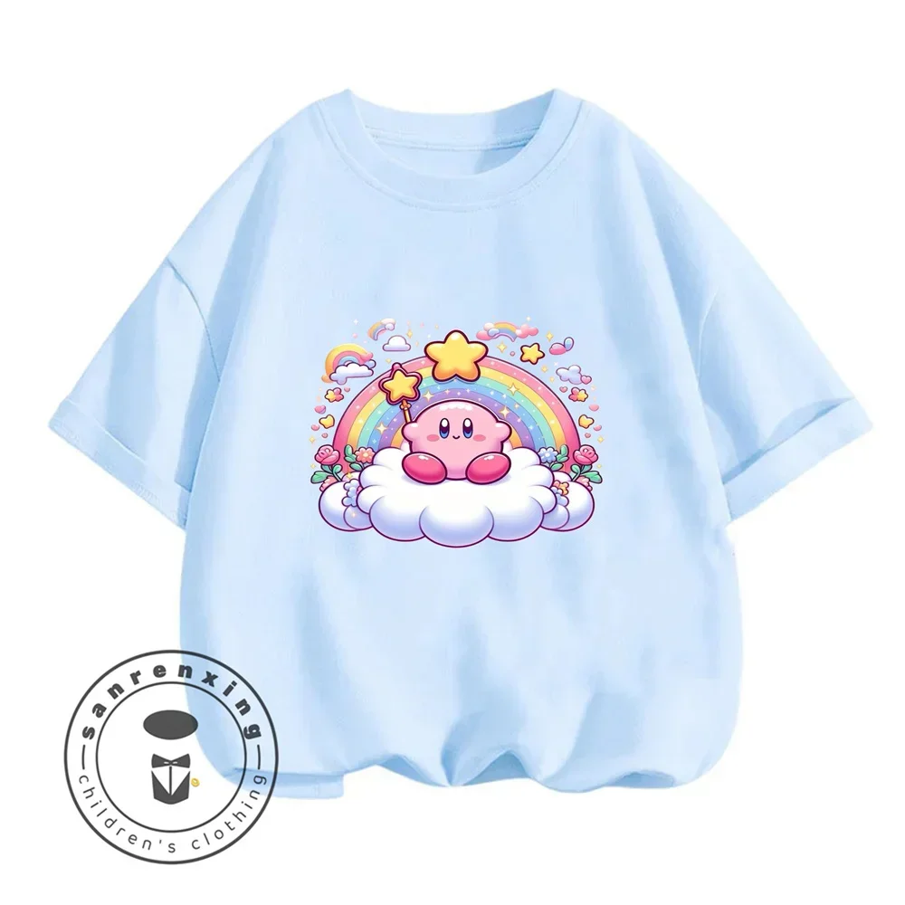 

Детская футболка Happy Kirby 2025, детские футболки Kawaii, повседневная одежда для мальчиков и девочек, модные подарки с короткими рукавами