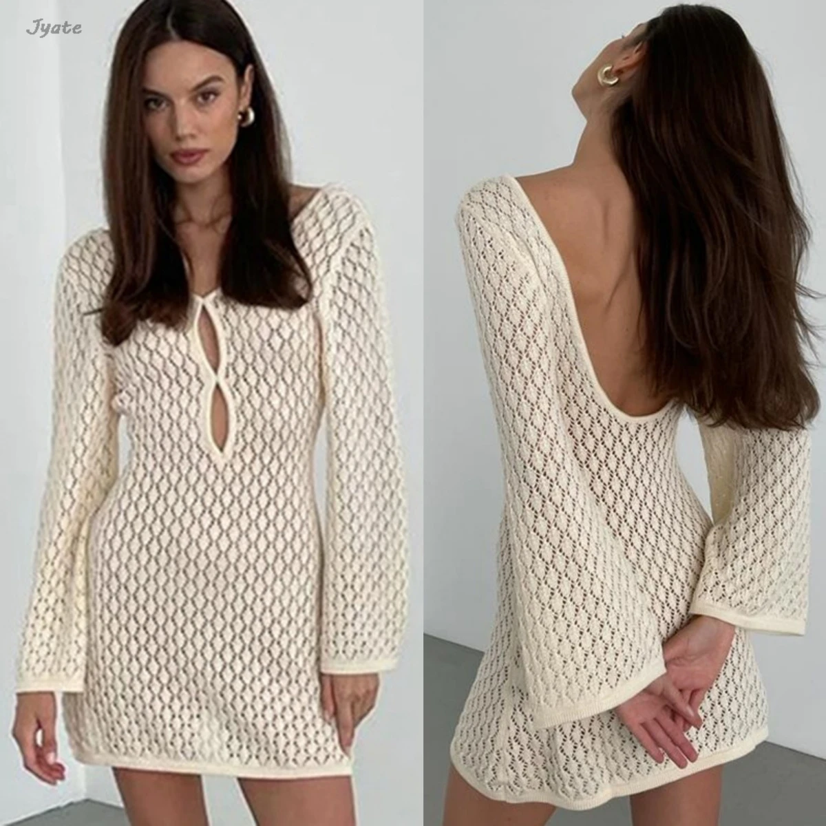 2024 New Summer Hollow Flare Long Sleeve Beach Vestidos Vacation Sheer Backless Short Dress Solid Sexy Bikini Swimsuit Cover Up