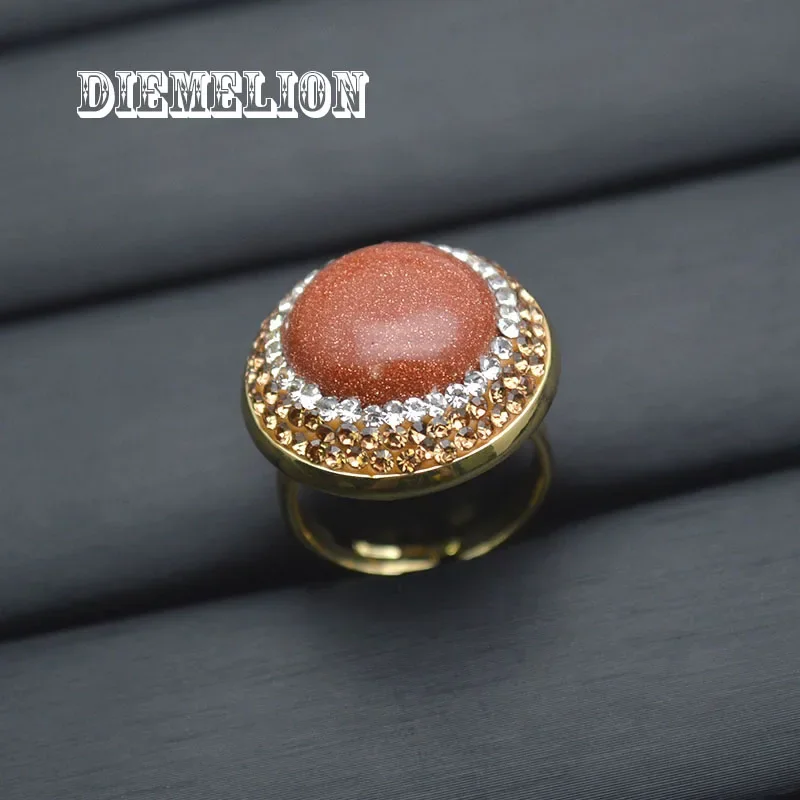 Natural Gold Sand Stone Rings Round Shape Gold Plated Open Adjustable Stone Ring for Women Men Unusual Jewerly