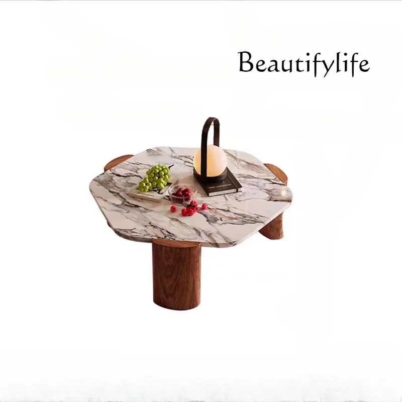 

French Retro Marble Tea Table Solid Wood Black Walnut Small Apartment Internet Celebrity Terrazzo Tea Table