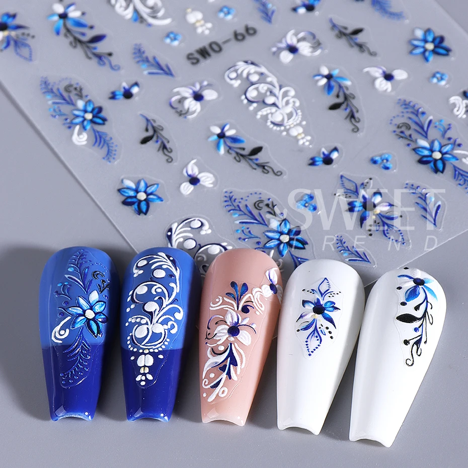 Autocollants pour ongles, 2 pièces, motif de pétales de Totem blanc et bleu, décalcomanies auto-adhésives pour ongles, Style bohème, décoration de manucure à faire soi-même, curseurs