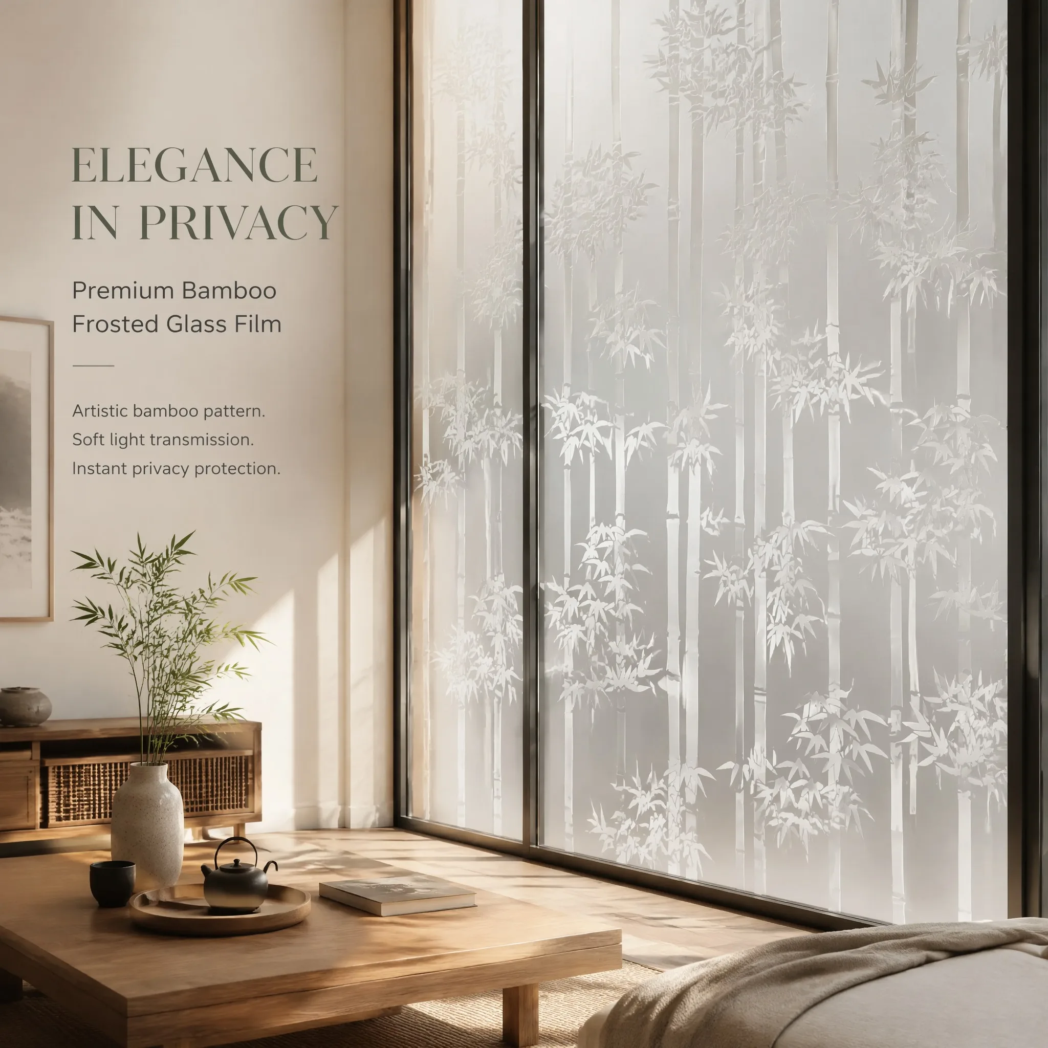 Elegant Minimalist Bamboo Frosted Privacy Window Film Built-in Adhesive Soft Light Filter Cuttable PVC for Zen New Chinese Style