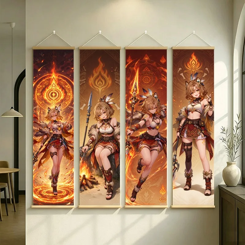 Hanging Scroll Wall Art of Genshin Impact Xilonen with Golden Flame Motifs on Silver Shimmer Canvas for an Anime Bedroom