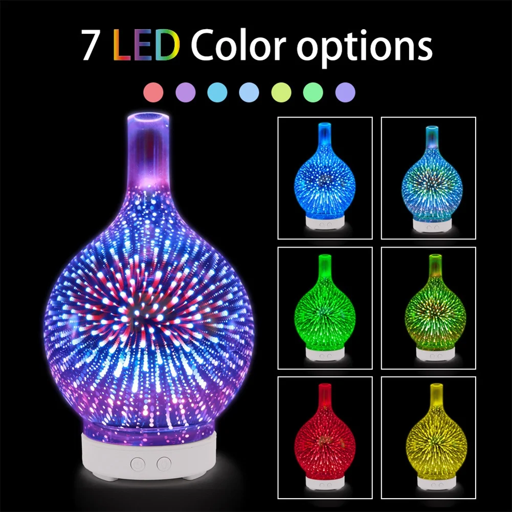 T27C 3D Firework Glass USB Air Humidifier with 7 Color Led Night Light Aroma Oil Diffuser Cool Mist Maker Black EU Plug