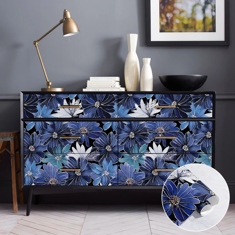 Sapphire Blue Floral Wallpaper Retro Euclidean Peel And Stick PVC Wallpaper Living Room Kitchen Flower Vinyl Cabinet Stickers