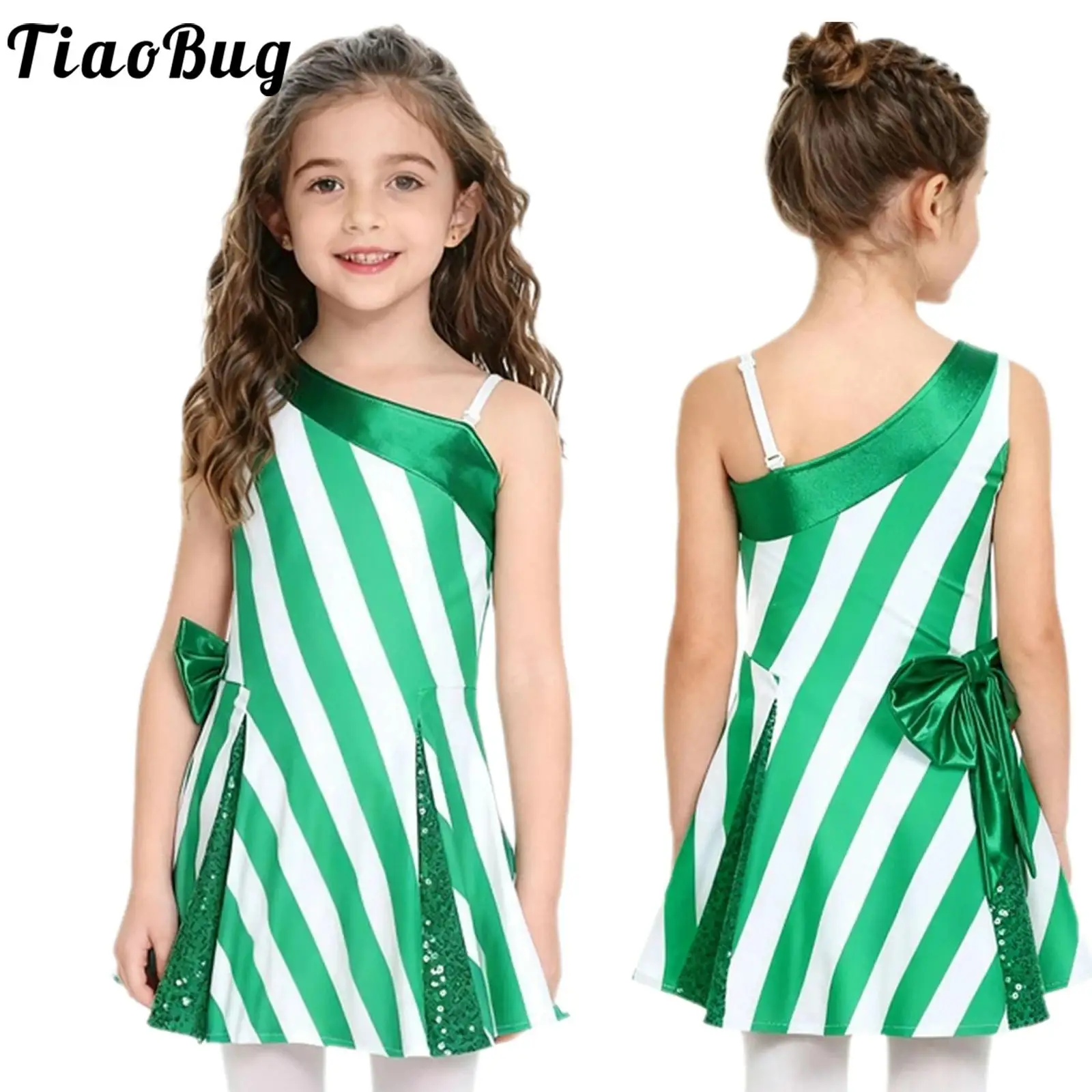 

Christmas Santa Girls Dance Performance Costume Tutu Dance Ballet Dresses Sleeveless Bow Sequins Striped Dress for Holiday Party