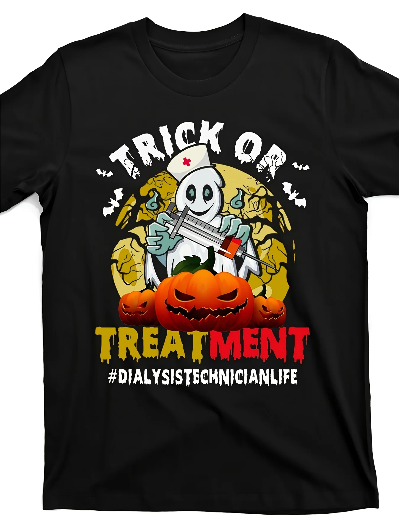 Humorous Halloween Shirt for Dialysis Technicians - Costume Graphic Tee for Nurses Featuring a Trick Or Treatment Theme - Comfortable Black Shirt Suitable for Dialysis Techs And Halloween Gatherings - Easy to Wash, Medical Humor Apparel