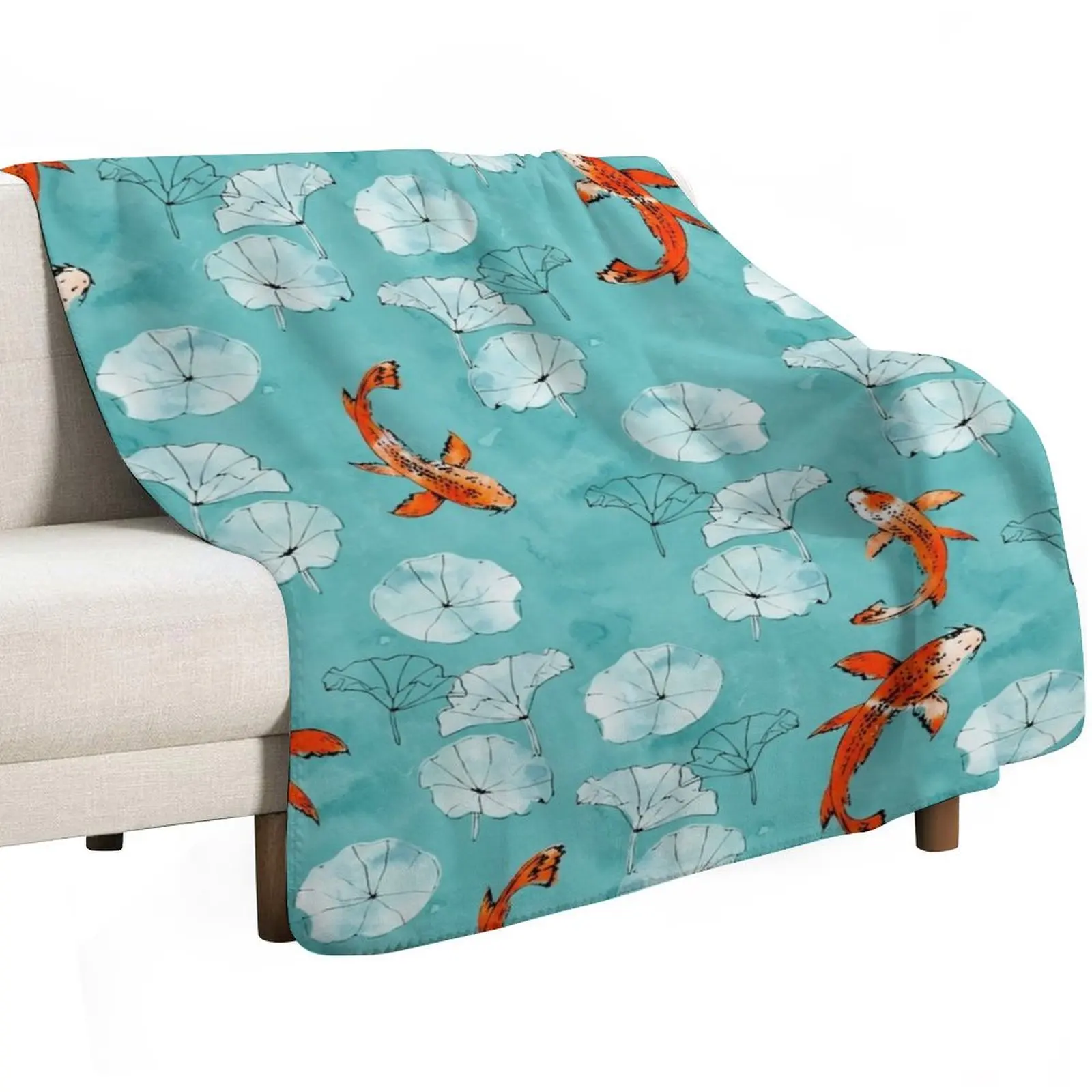 Waterlily koi in turquoise Throw Blanket Travel Personalized Gift Sofa Quilt Designers Soft Plush Plaid Sofa Throw Blankets