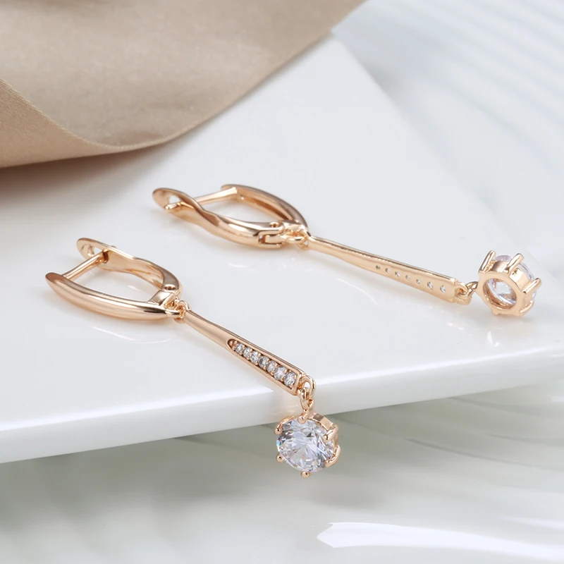 SYOUJYO New Luxury Long Pendant Earrings For Women 585 Gold Color Natural Zircon Micro Wax Mosaic Daily Simple Fashion Jewelry