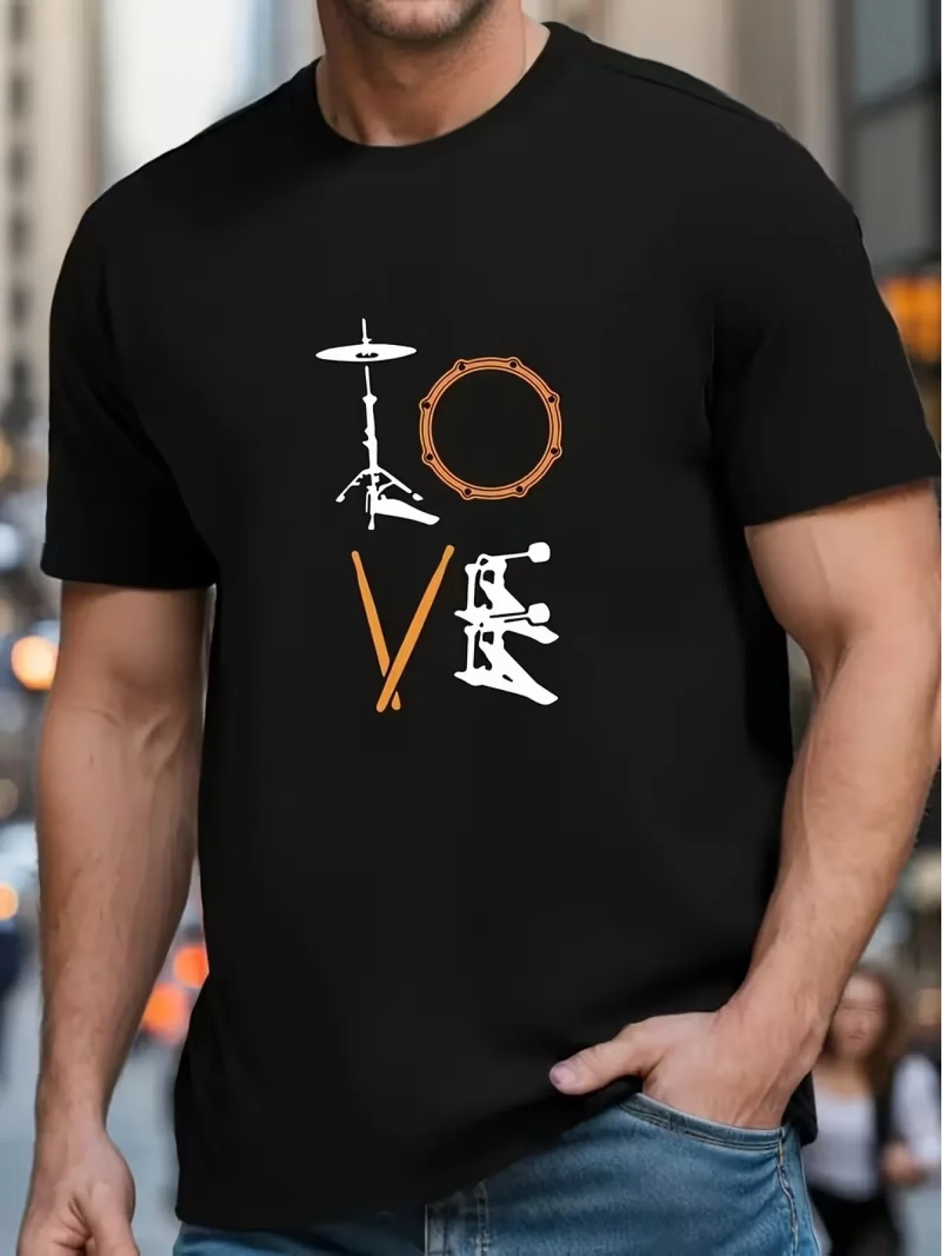 Summer New Style Drum Set Love Printed T-Shirt for Music Lovers, Casual and Versatile Round Neck Short-Sleeved Men's T-Shirt
