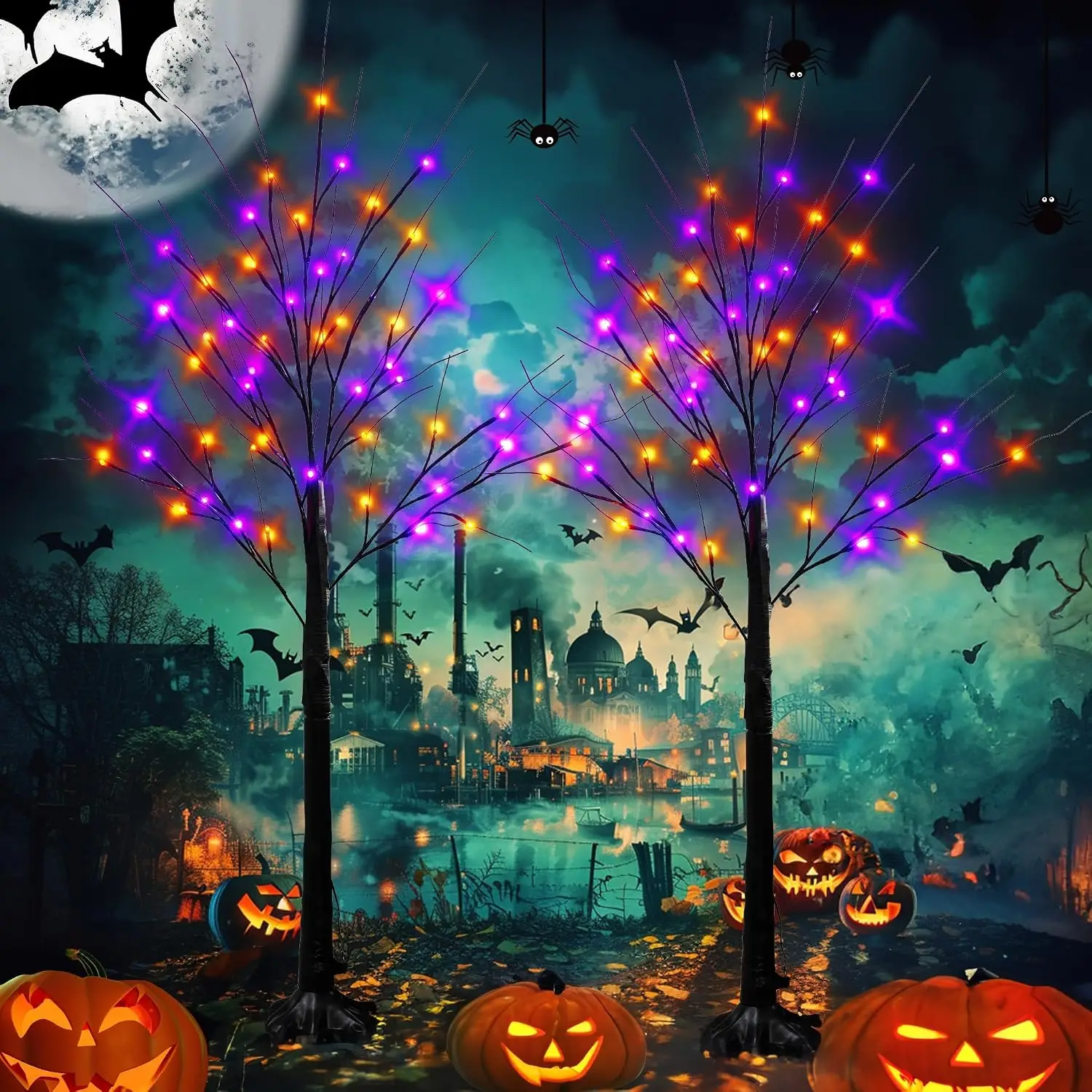 2 Pack 4FT Halloween Lighted Birch Tree Total 96 LED Purple Orange Fairy Lights Timer Waterproof Indoor Outdoor Home Party Hallo
