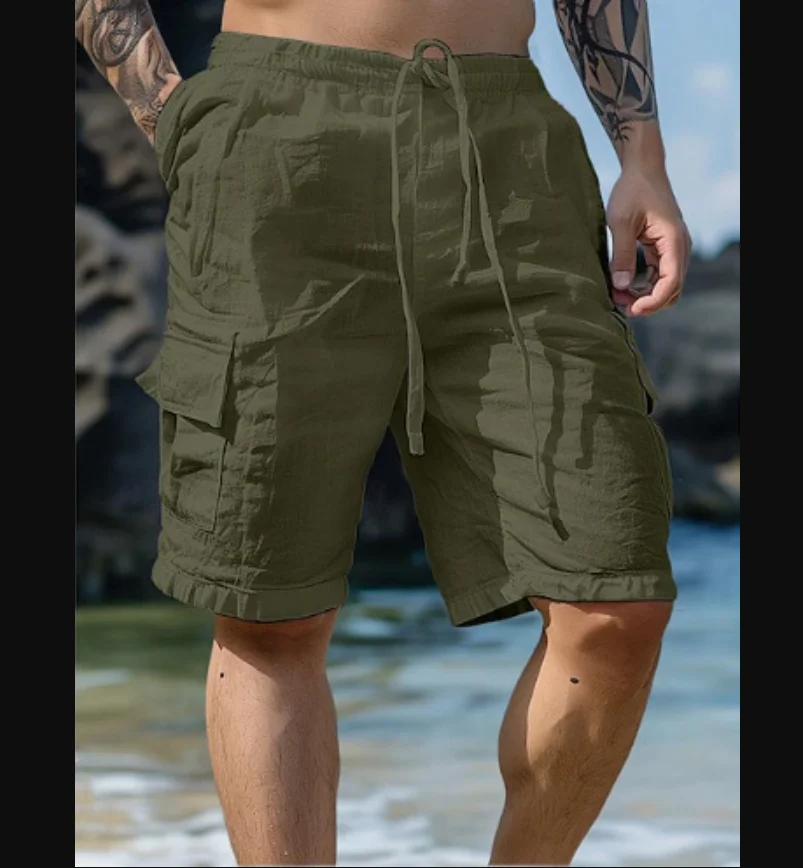 2026 Cotton Fashion Loose White Cargo Shorts Men's Handsome Streetwear Beachwear Drawstring with Pockets Shorts Workout Pants