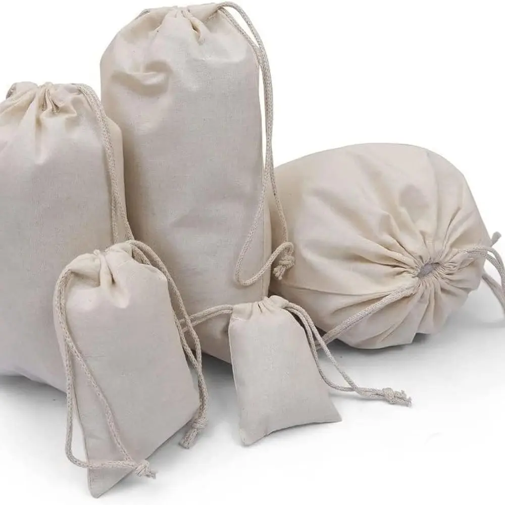 

100-Piece 3x5 High-Quality Cotton Muslin Double-Drawstring Bags, Reusable Natural Cotton Pouch Set for Gifts, Parties, and Stora