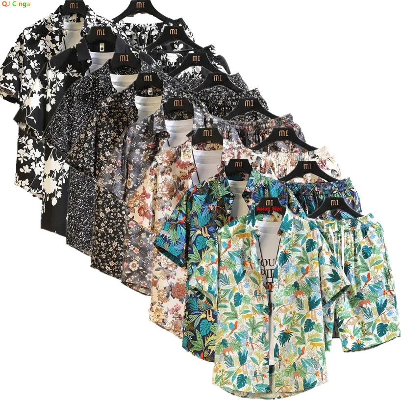 2026 Summer Men's Short Sleeve Shirt and Matching Drawstring Shorts Set Pure Cotton Beach Holiday 11 Print Options, Asian Size