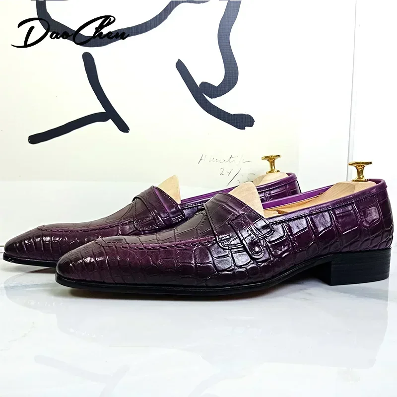 LUXURY MEN LOAFERS SHOES CROCO PRINT SLIP ON CASUAL MENS DRESS SHOES PURPLE OFFICE WEDDING LEATHER LOAFERS SHOES FOR MEN