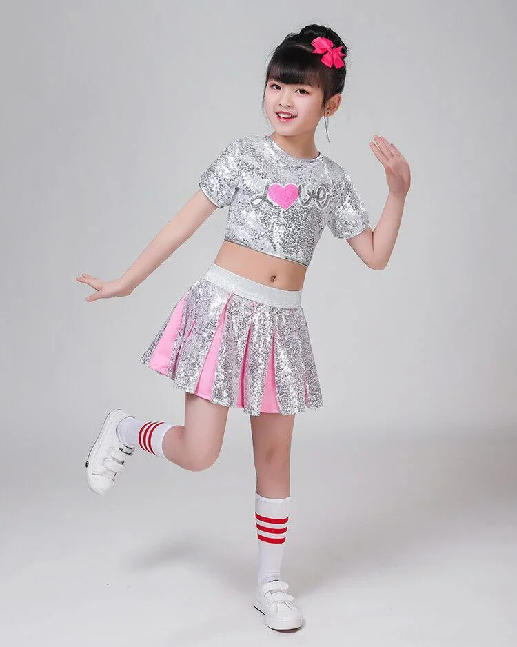 Vêtements de danse de salon à paillettes pour filles, vêtements de sport pour enfants, costume de jazz hip hop, blanc, moderne, 3 pièces