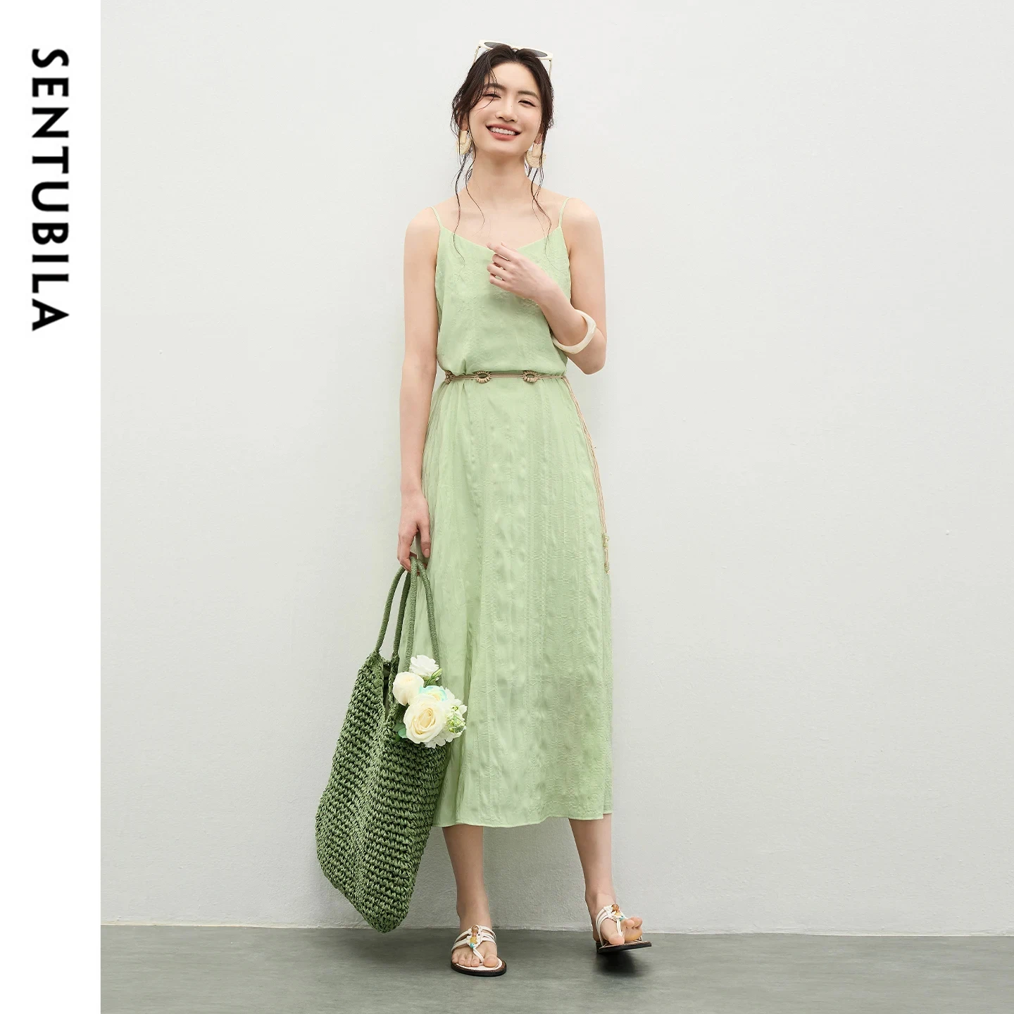 

SENTUBILA Women's Slip Dress 2026 Spring New Elegant V-Neck Adjustable Strap Removable Belt Loose Chiffon A-Line Dress 161LD5975