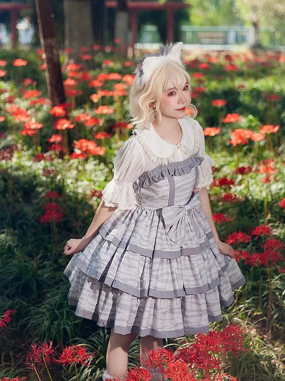 Estilo japonês doce bonito babados emenda grande arco gola quadrada sem mangas cintura alta em camadas lolita jsk vestido para mulher verão