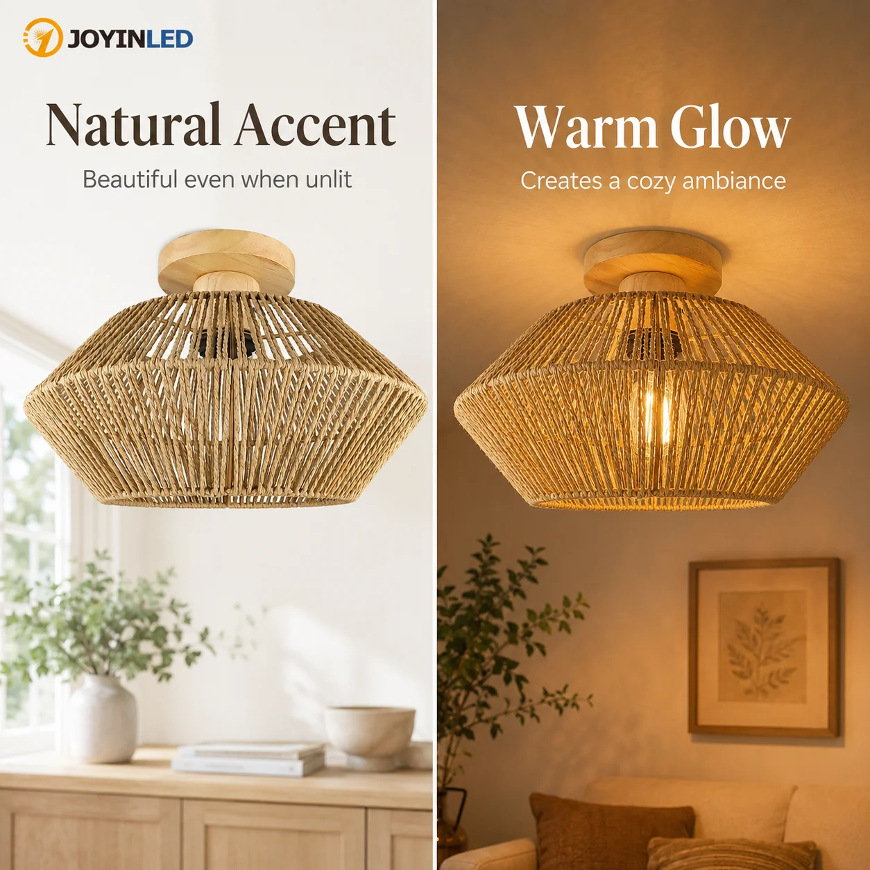 JOYINLED Rustic Rattan Flush Mount Ceiling Light 12.5 Inch Paper Rope Weaving Led Ceiling Lamp for Living Room Bedroom Kitchen