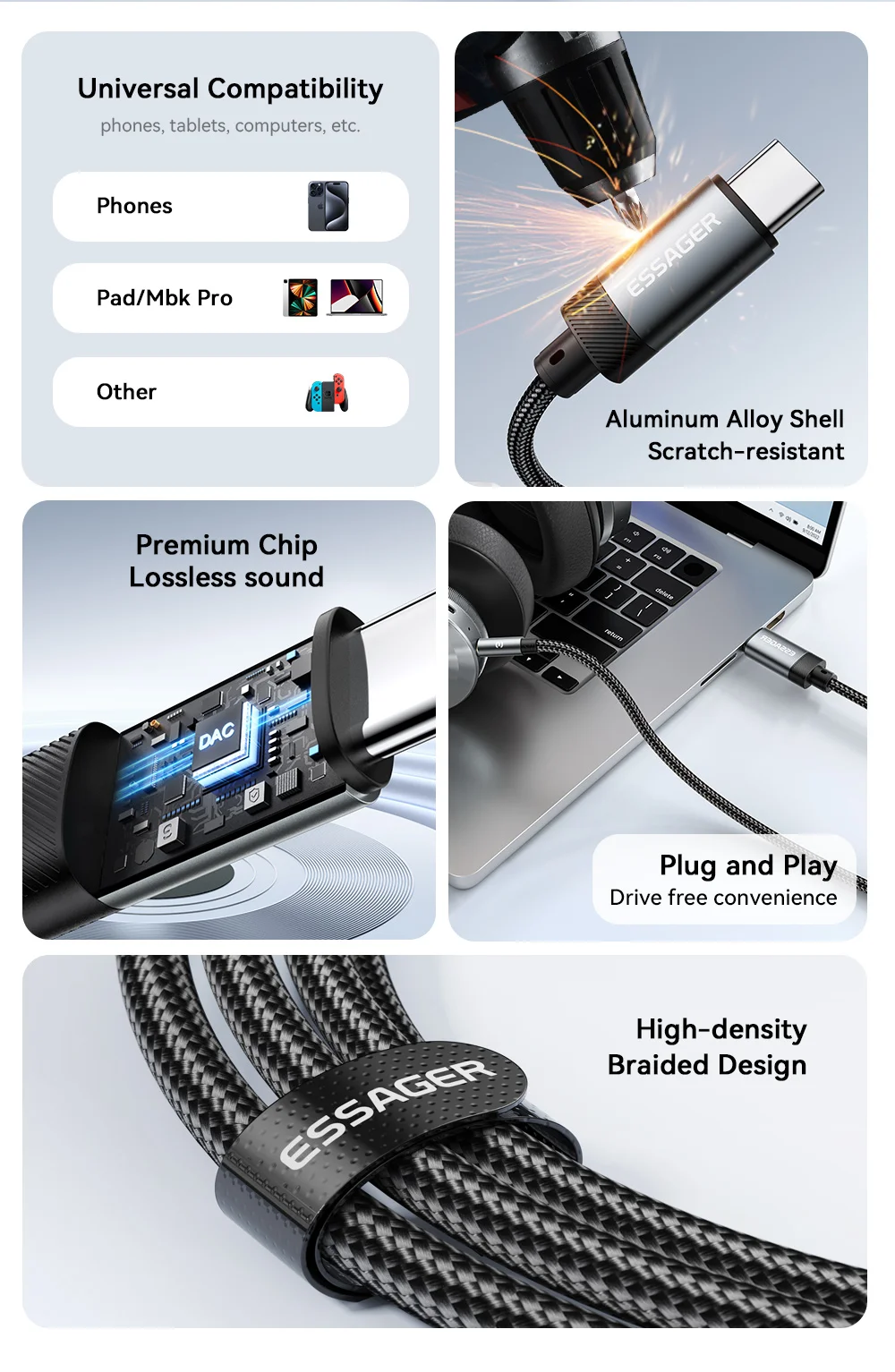 Essager Type C/USB-A/Lightning To 3.5mm Jack AUX Cable Audio Adapter for Phone Headphones Car HIFI Stereo Sound Audio Connector