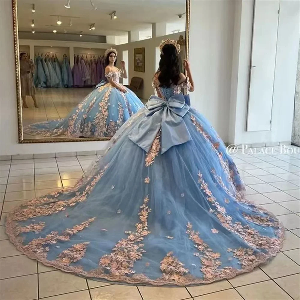 LISM Gorgeous 3D Flowers 15 Quinceanera Dresses Glitter Off The Shouder Sweetheart Bow Corset Ball Gown Birthday Party Dress