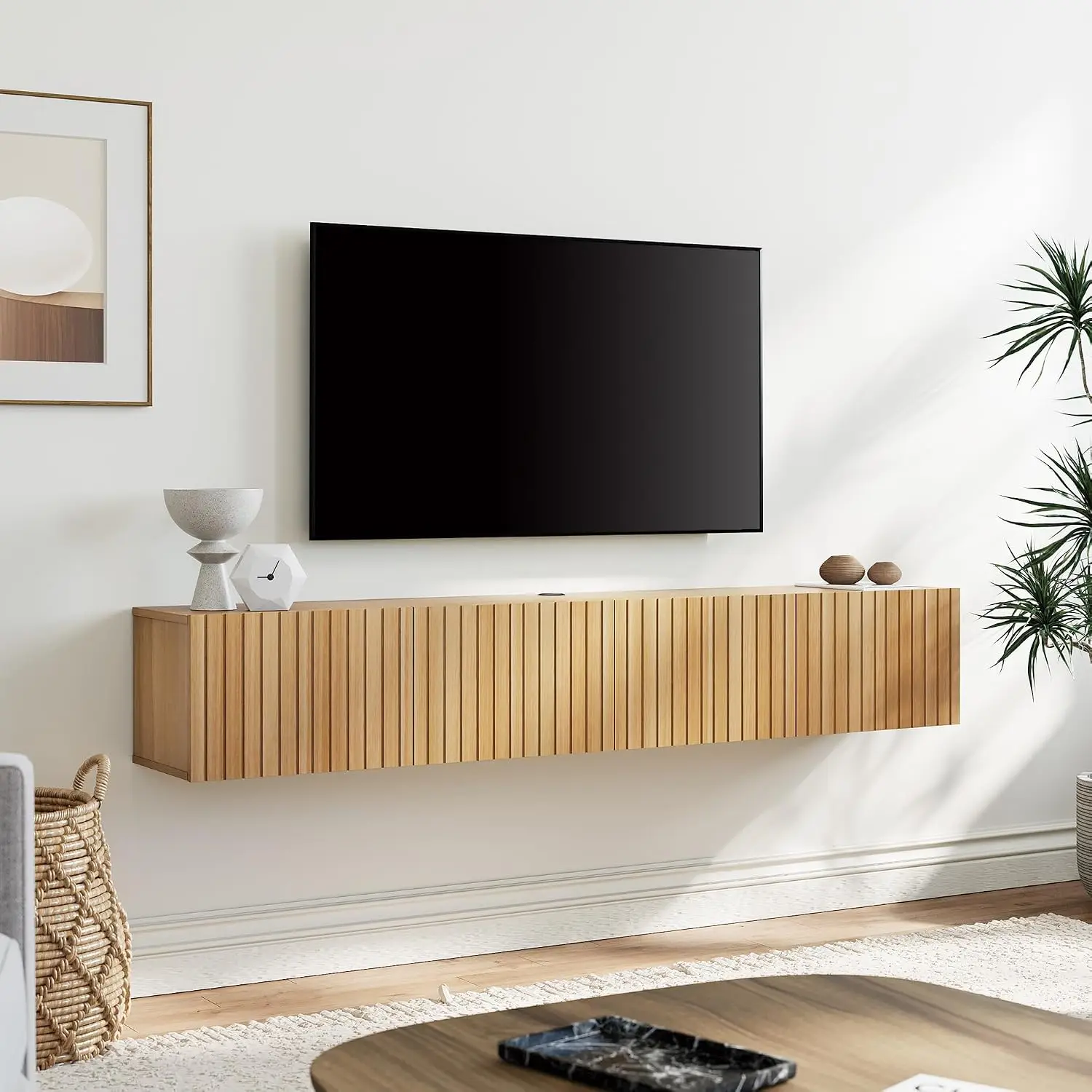 Modern Fluted Floating TV Stand Oak 70 Inch Wall Mounted Media Console Storage Cabinet for Living Room Bedroom, Customized