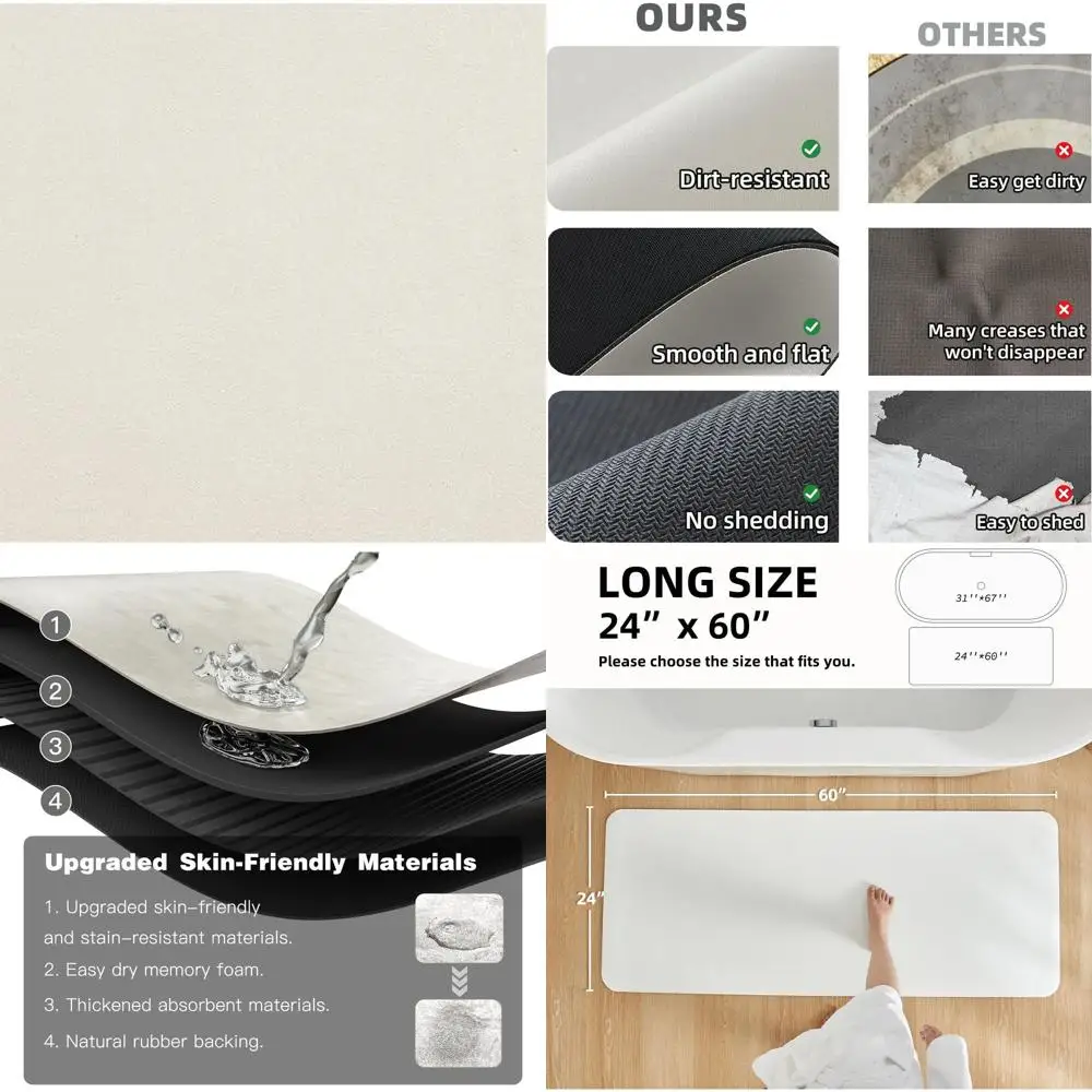 

White Non-Slip Washable Bath Mat, 24x60, Thin & Absorbent, Ideal for Shower, Bath, or Sink Area