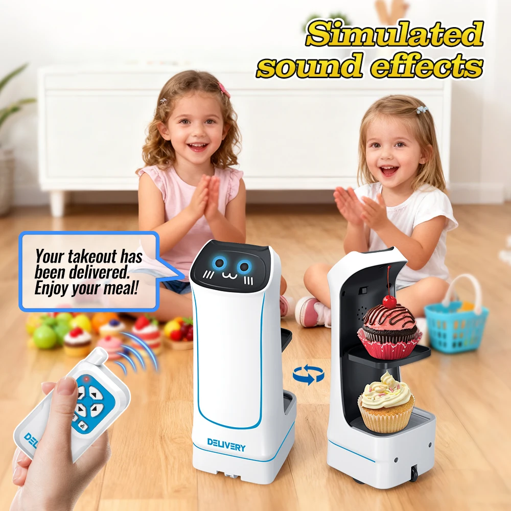 Giocattolo robot per la consegna di cibo RC 2.4G con luce e suono, set da cucina per giochi di finzione per bambini, regalo interattivo per Natale Capodanno