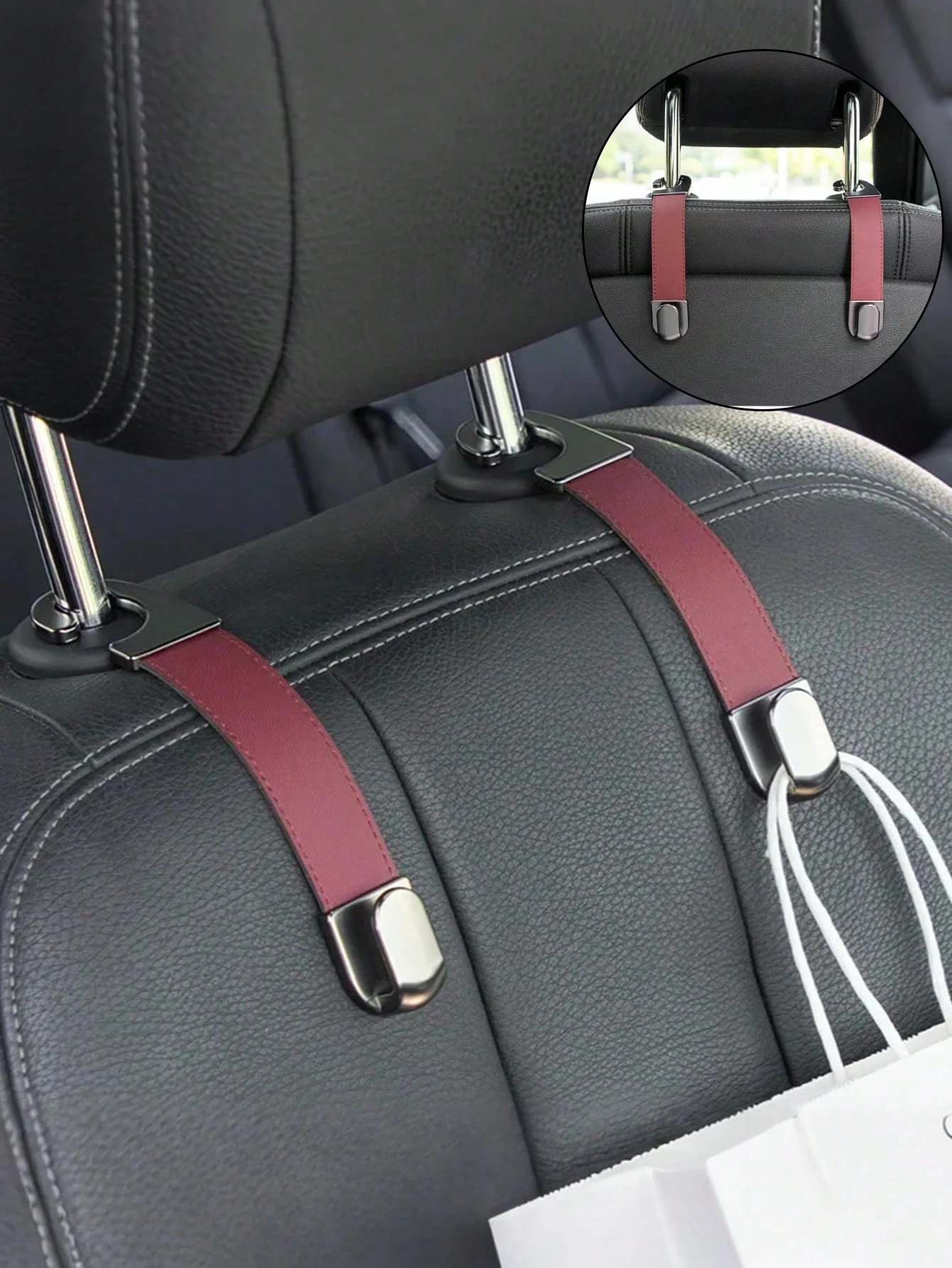 خطاف خلفي لمقعد السيارة مخفي، معدن وجلد قوي، منظم خلفي (حقائب ظهر/زجاجات/حقائب)، قابل للطي، مصنوع من خليط معدني مقاوم للخدش #2