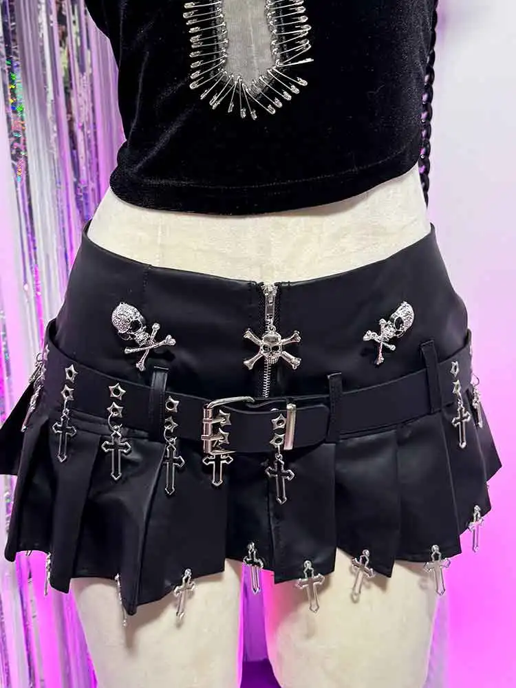 Hand Made 90s Gothic Skirts Emo Skull Grunge Hip Hop Punk Rock DIY E-Girls Pin Goth Harajuku Kawaii Y2K Vegan Leather Teen