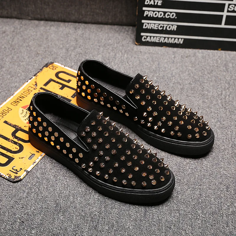 mens fashion rivets shoes slip-on studded shoe punk hip hop dress flats platform spikes loafers brand designer youth footwear