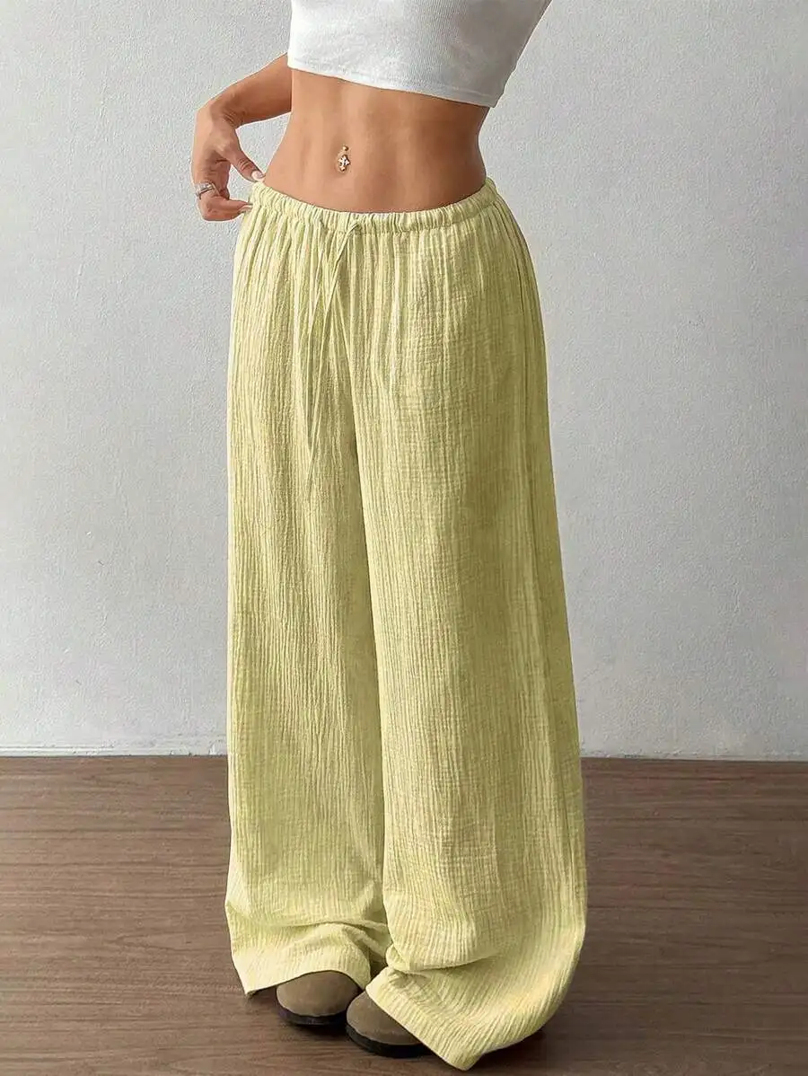 2025 Women's Wide Leg Pants High Waist Elastic Waistband Casual Trousers Solid Color Loose Palazzos Pants Elegant Fall Fashion